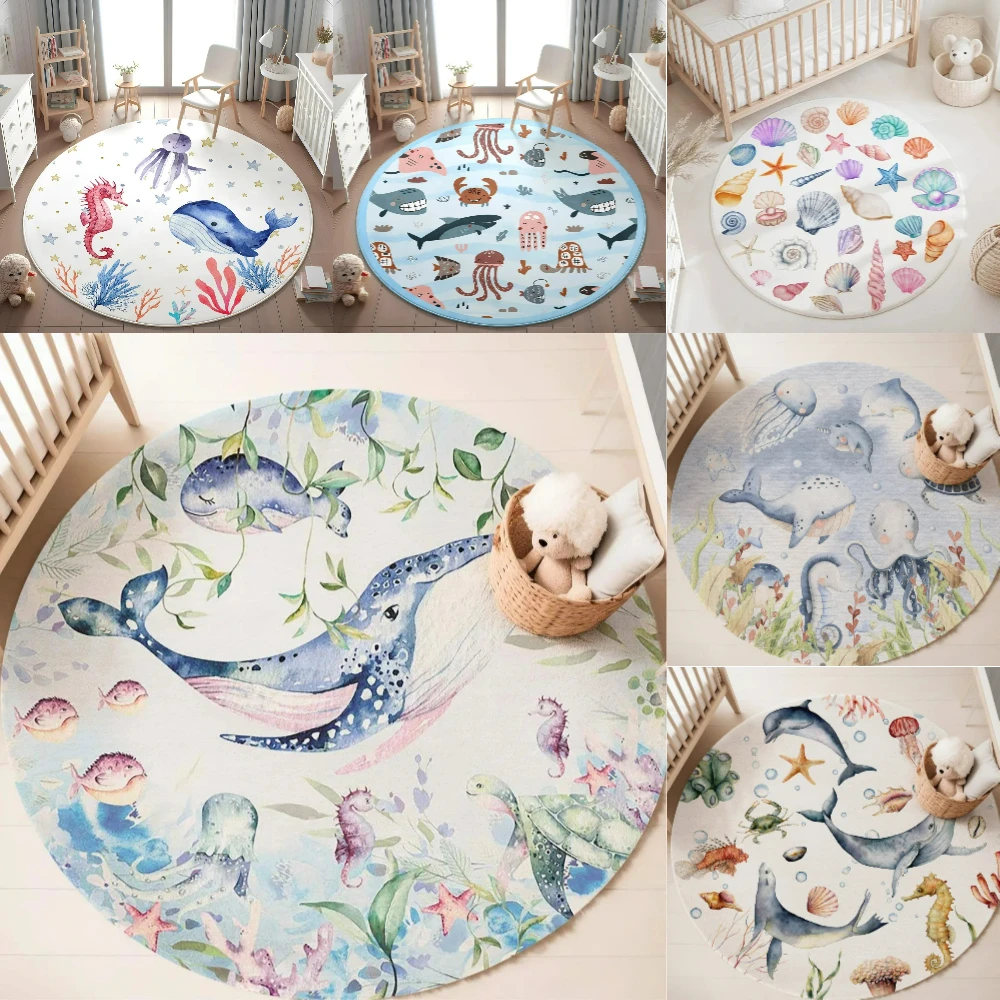 Baby Nursery Decor Girl - Blauer runder Teppich mit Meerestieren für